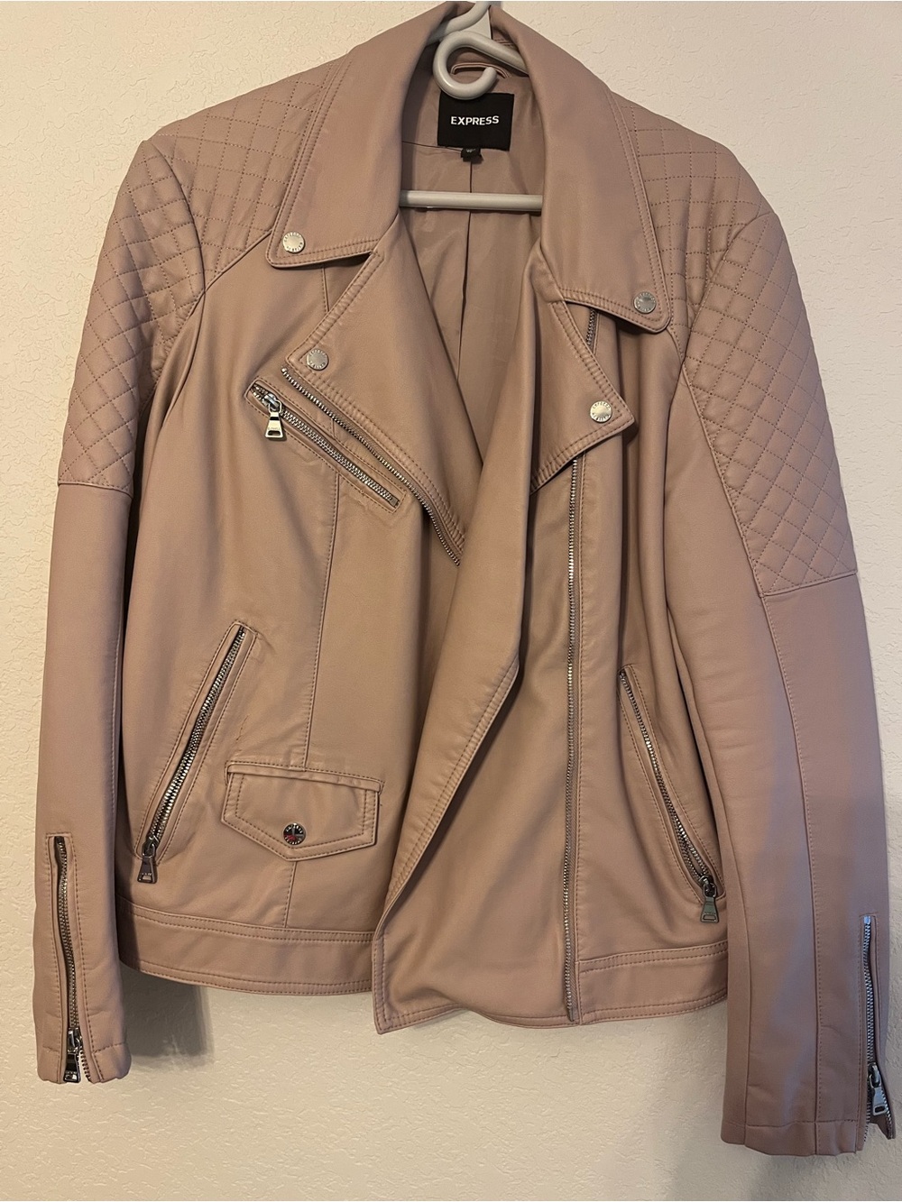 Express Quilted Moto Leather Jacket in Blush Taupe